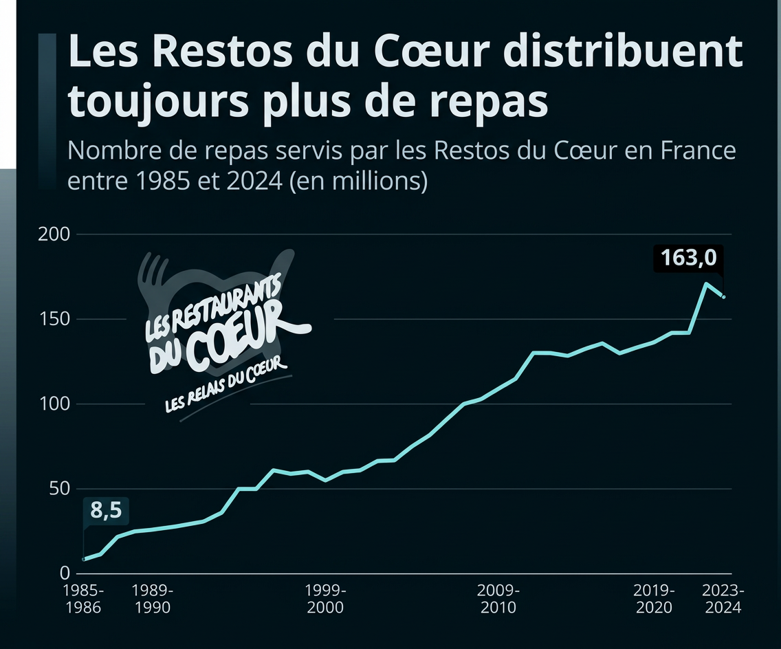 Diagramm zur steigenden Zahl der von den Restos du Cœur in Frankreich ausgegebenen Mahlzeiten von 1985 bis 2024.